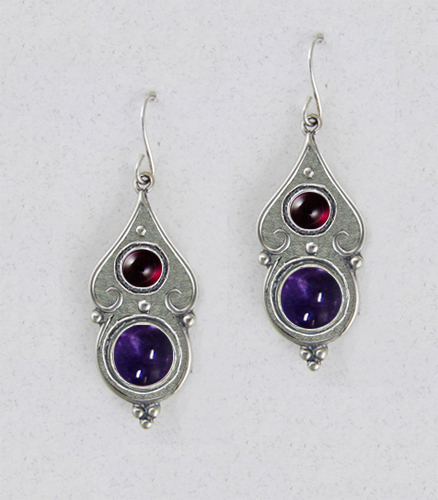 Sterling Silver Gothic Look With Iolite And Garnet Gemstone Drop Dangle Earrings